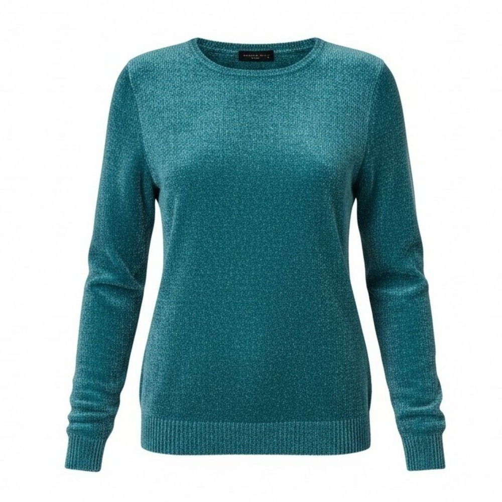 August Silk Women Chenille Knit Sweater S Teal Blue Crew Neck Soft Cozy Retro‎